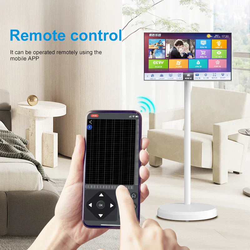 Télécommande mobile contrôlant une TV smart sur pied blanc dans un salon moderne lumineux
