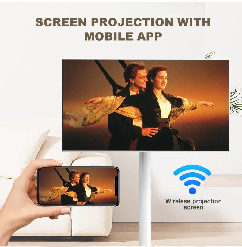 Tv smart sur pied avec projection sans fil d'écran tactile pivotant dans un salon moderne