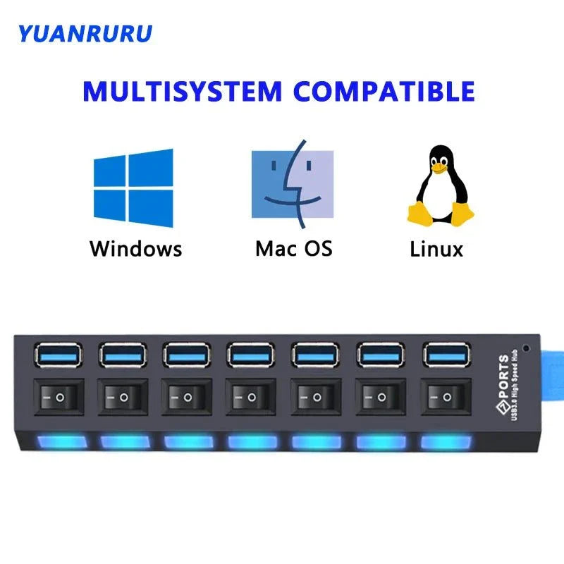 Répartiteur USB 3.0 à 7 ports avec interrupteurs lumineux compatible Windows Mac Linux pour connexion multiple rapide et contrôlée