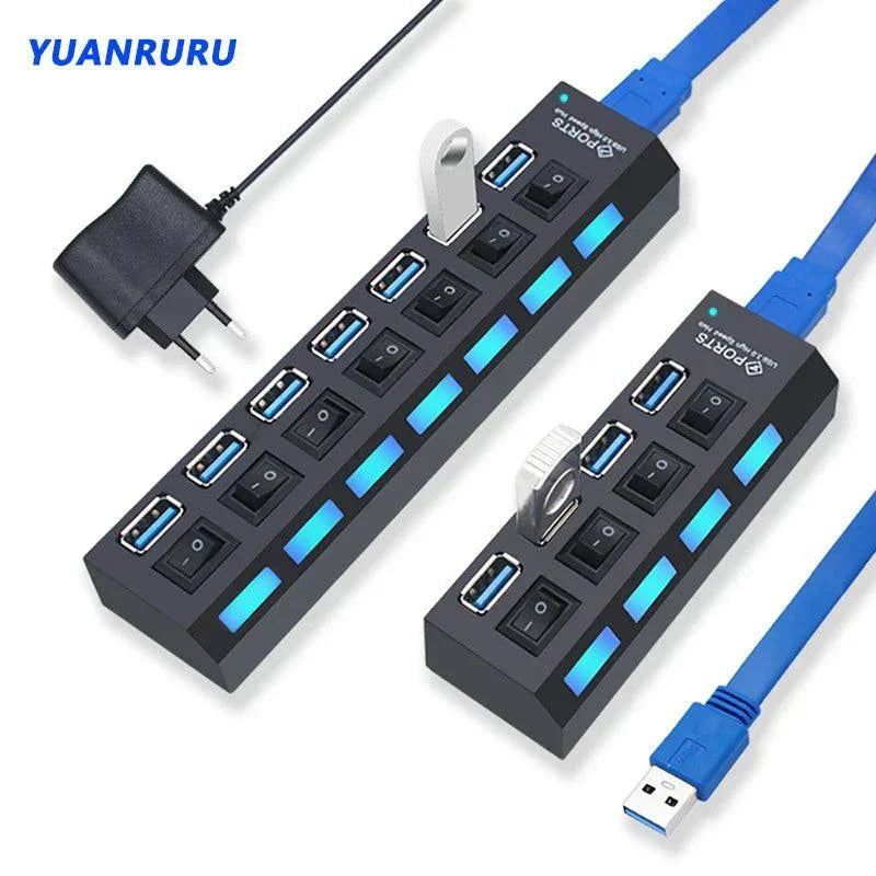 Répartiteur USB 3.0 noir avec interrupteurs individuels, 7 ports USB, câble bleu, alimentation externe, pour PC.