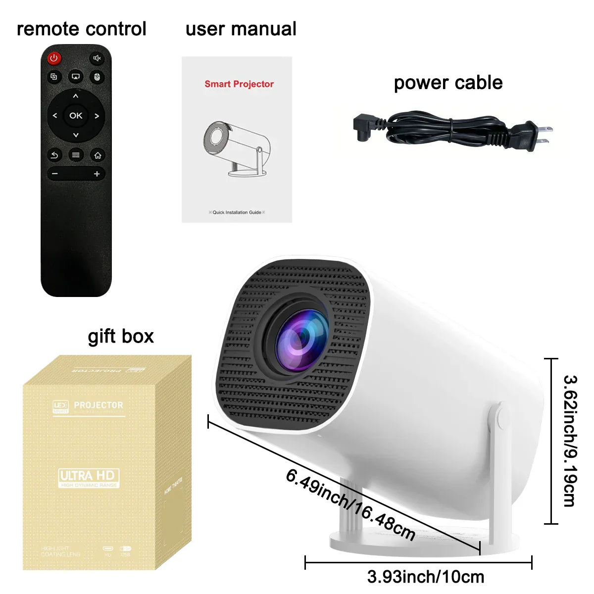 Mini projecteur portable HY300 Pro 4k WiFi6 compact avec télécommande, câble d'alimentation et manuel utilisateur, image ultra HD, dimensions 16.48x10x9.19 cm.