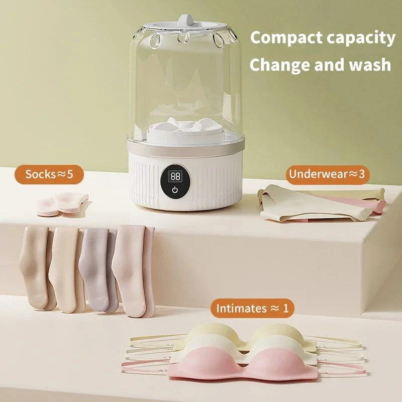 Mini machine à laver portable sans fil 1L pour sous-vêtements et chaussettes, compacte et efficace.