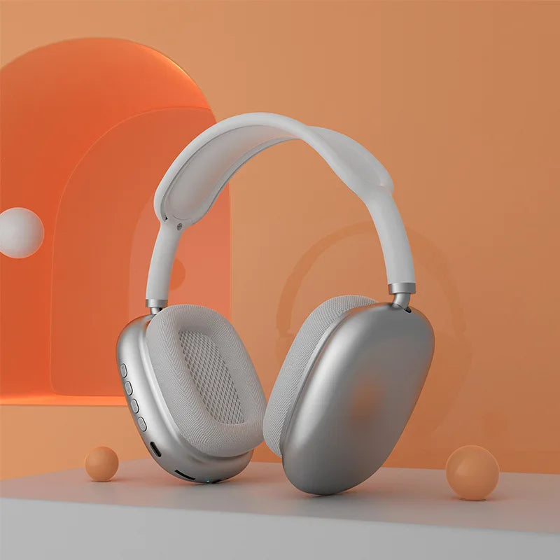 Casque Bluetooth sans fil gris avec micro, design ergonomique et écouteurs antibruit P9