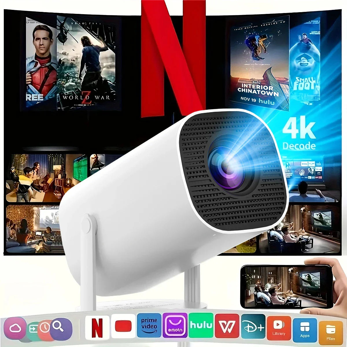 Projecteur HY300 Pro portable blanc 4K WiFi6 affichant contenu Netflix et smartphone pour cinéma maison