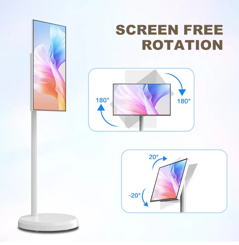 Tv smart sur pied pivotant avec écran tactile 21,5 pouces, rotation 360° et inclinaison ajustable.