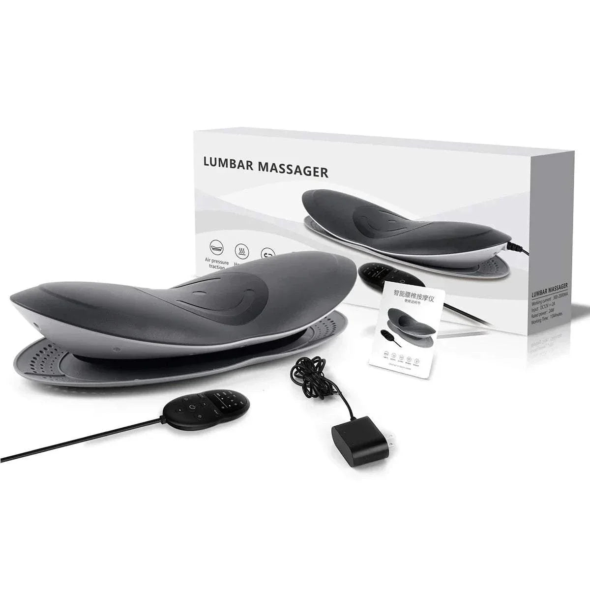 Masseur lombaire ergonomique pour soulager les douleurs de la colonne lombaire avec chaleur, vibrations et pression d'air ajustable.
