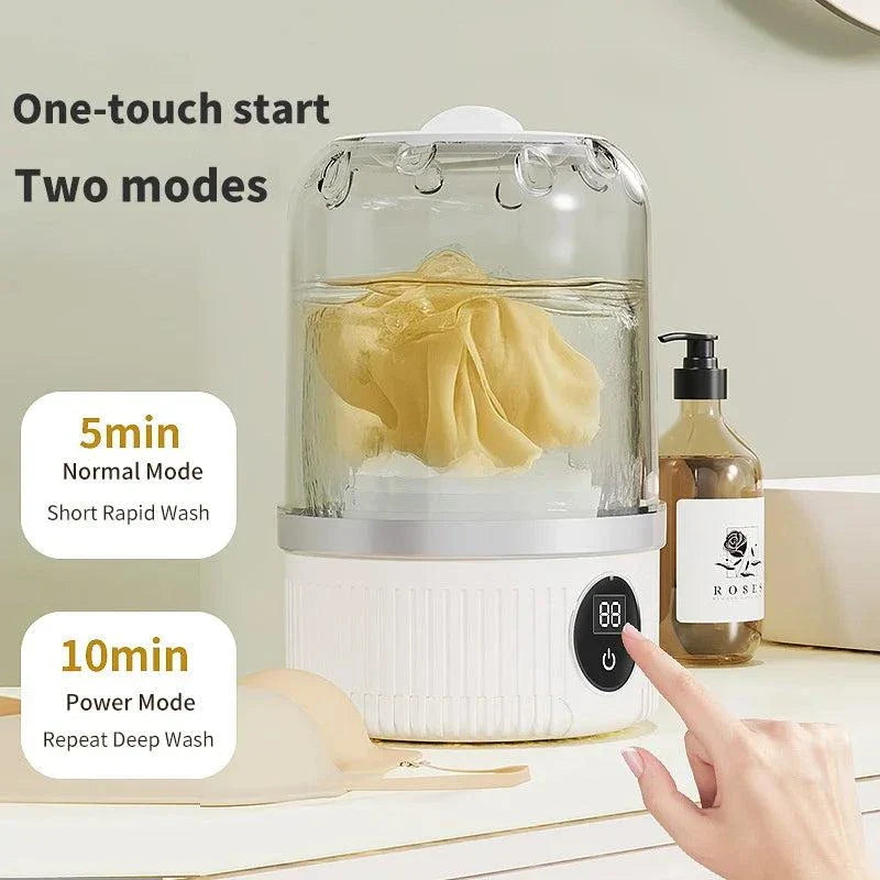 Mini machine à laver sans fil compacte avec écran numérique pour lavage rapide de sous-vêtements délicats.
